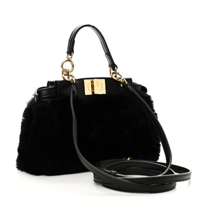 Fendi Shearling Shiny Nappa Micro Peekaboo Iconic Satchel Black 3 of 9