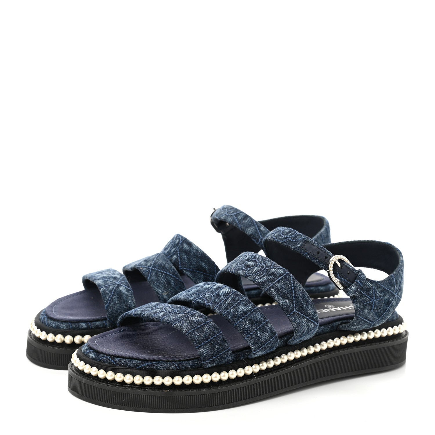 Chanel Denim Pearl Flat Sandals 36 Blue 3 of 8