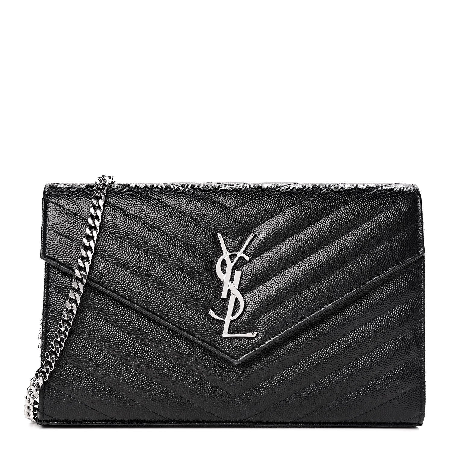 Saint Laurent Grain De Poudre Matelasse Chevron Monogram Chain Wallet Black 1 of 10