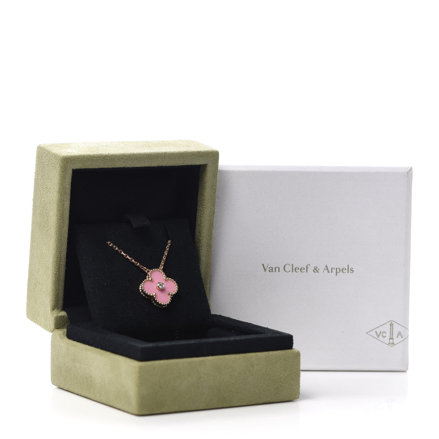 Van Cleef & Arpels 18K Rose Gold Diamond Pink Porcelain Vintage Alhambra Pendant Necklace 8 of 8