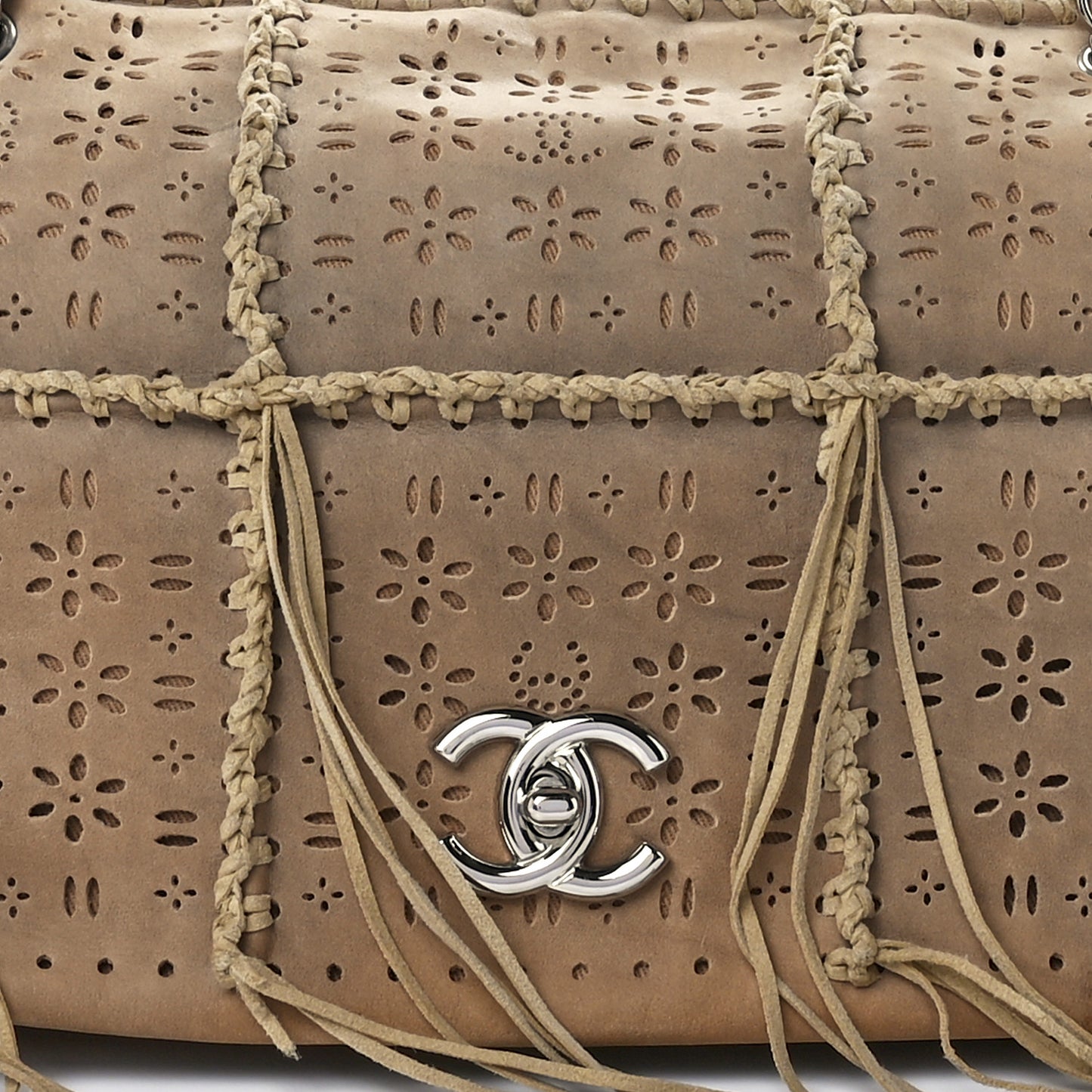 Suede Calfskin Perforated Fringe Flap Dark Beige