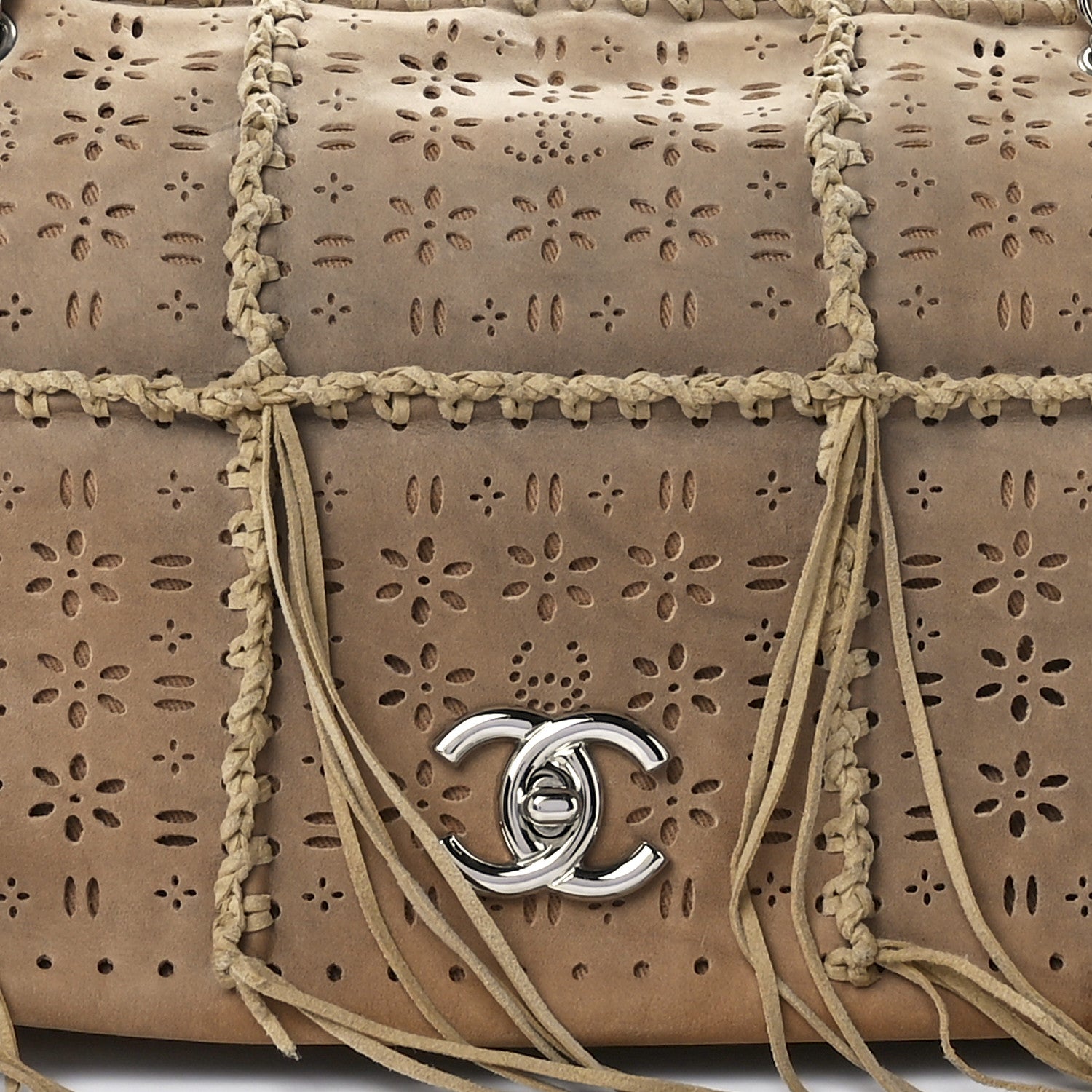 Chanel Suede Calfskin Perforated Fringe Flap Dark Beige 9 of 12