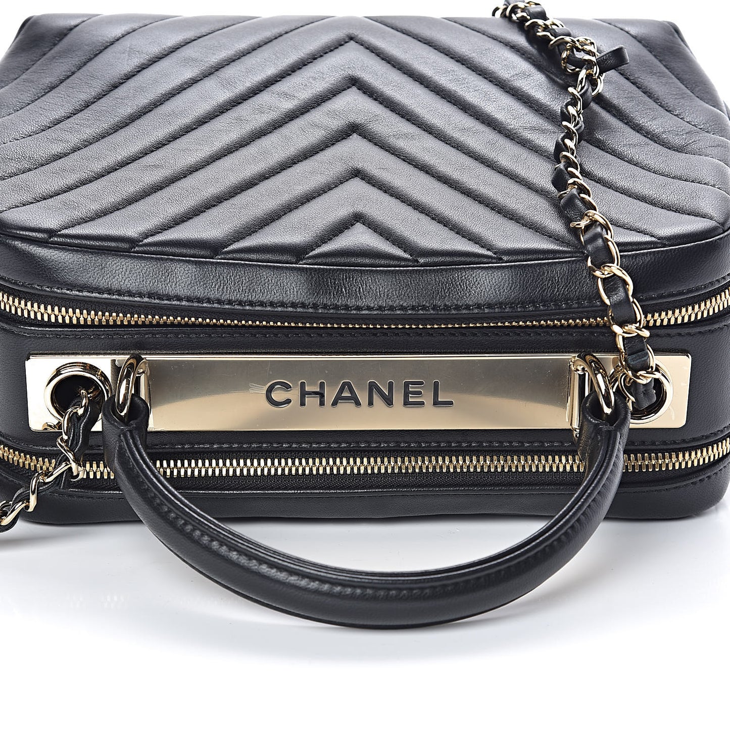 Lambskin Chevron Quilted Small Trendy CC Bowling Bag Black