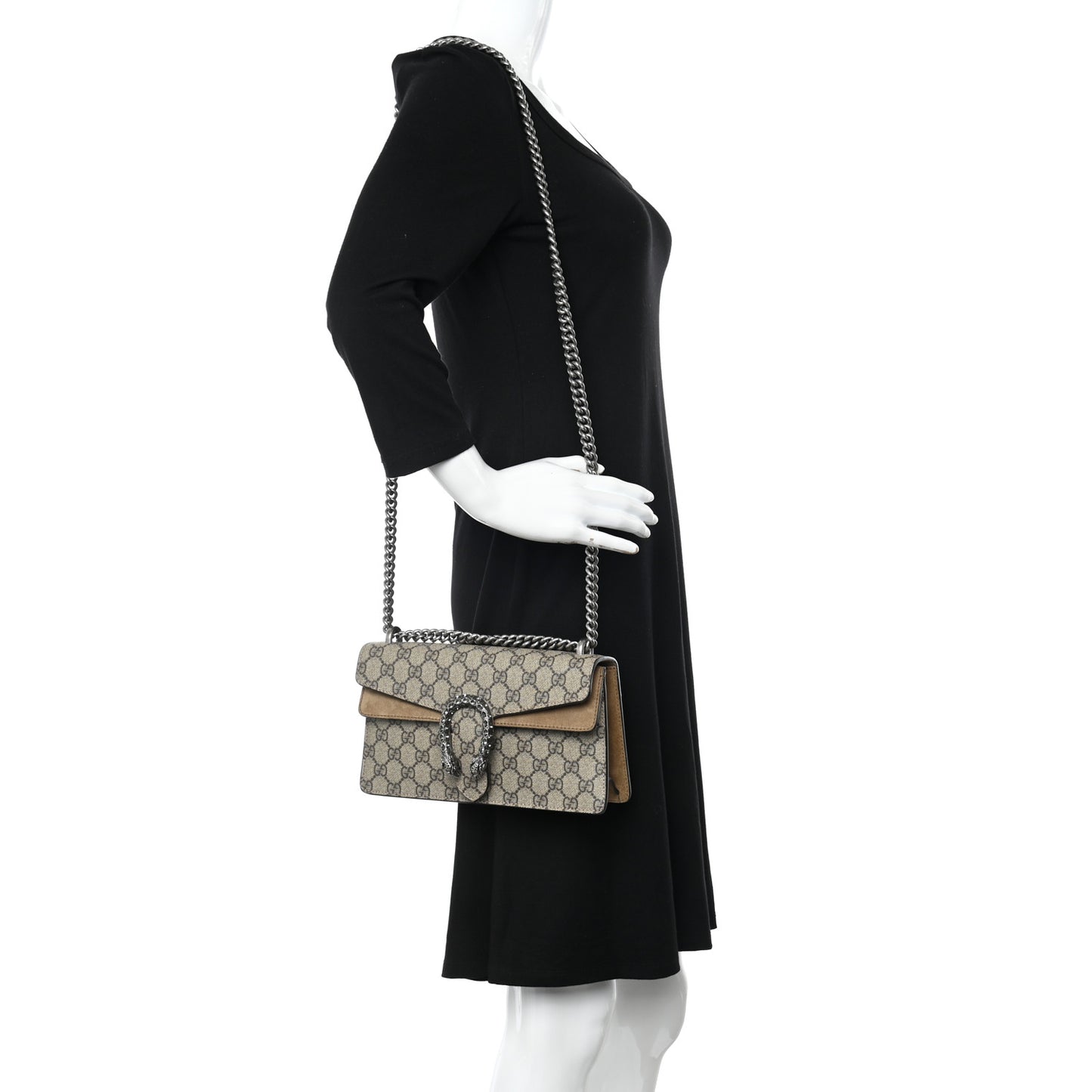 GG Supreme Monogram Suede Crystal Small Dionysus Shoulder Bag Beige Ebony Taupe