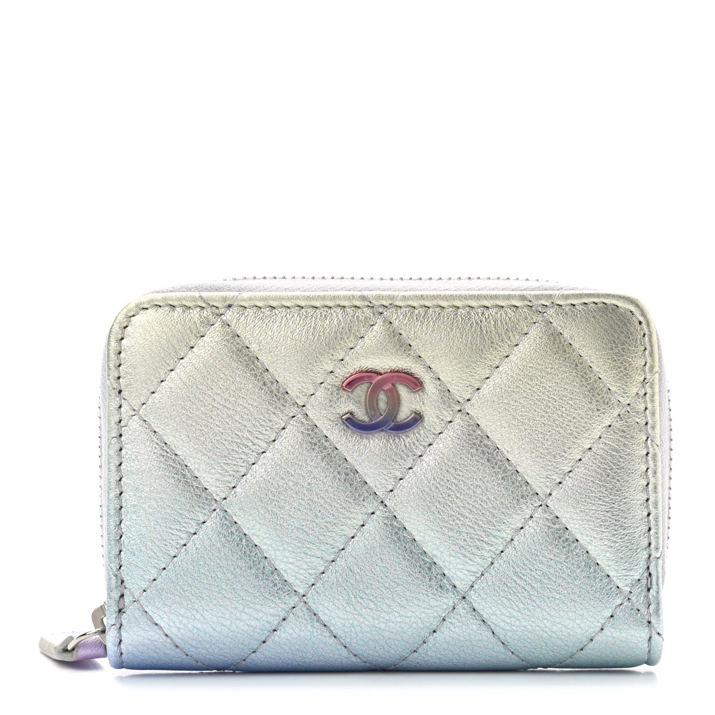Gradient Metallic Calfskin Quilted Zip Around Coin Purse Wallet Silver Blue Yellow Purple