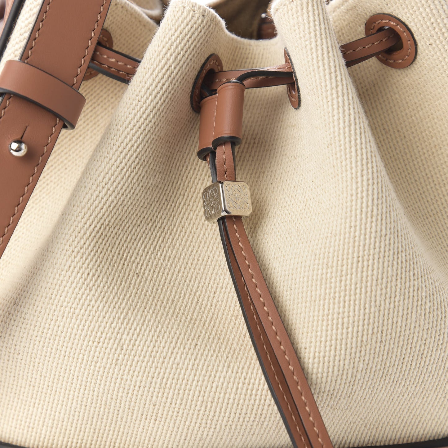 Canvas Calfskin Balloon Bucket Bag Ecru Tan