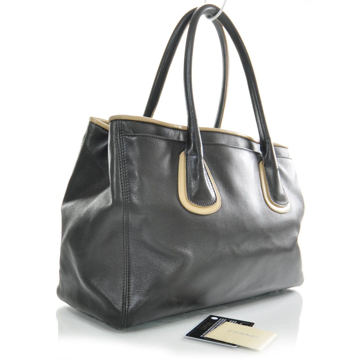Lambskin Executive Cerf Shopper Tote Black Beige
