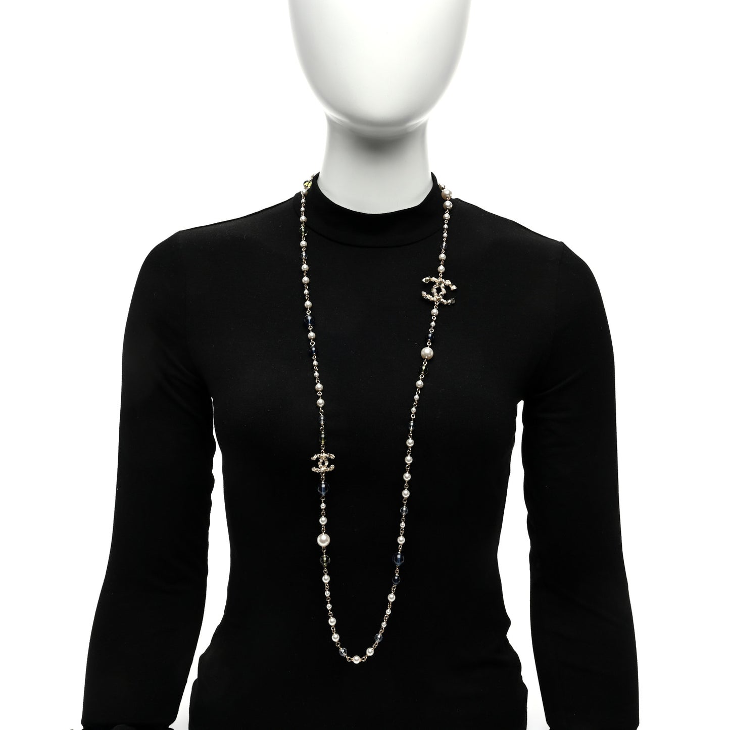 Pearl Glass Bead CC Long Necklace Blue Gold