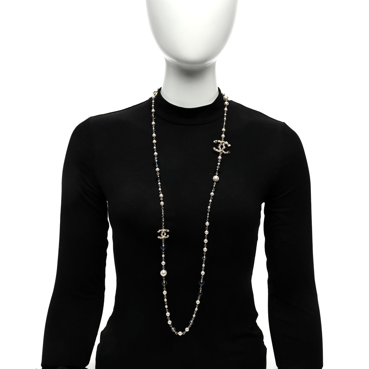 Chanel Pearl Glass Bead CC Long Necklace Blue Gold 2 of 5