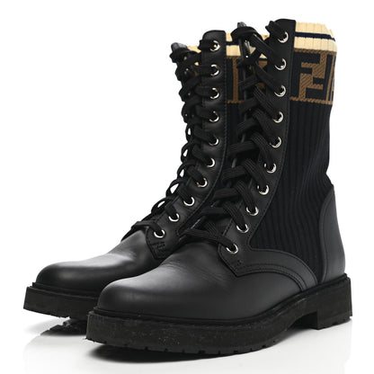 Fendi Calfskin Stretch Fabric Rockoko Biker Boots 36 Tobacco Black Marino 3 of 8