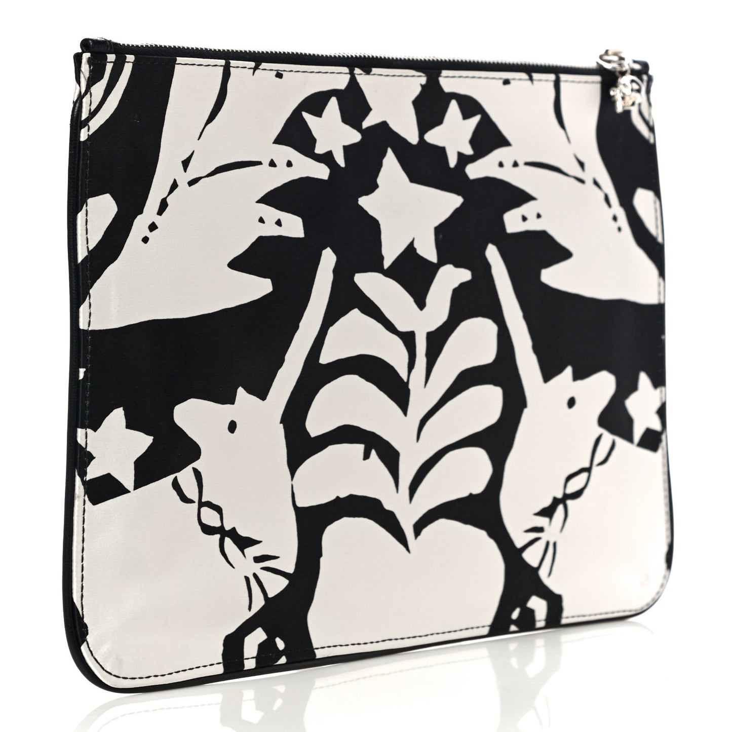 Silk Unicorn Print Skull Zip Pouch Black White