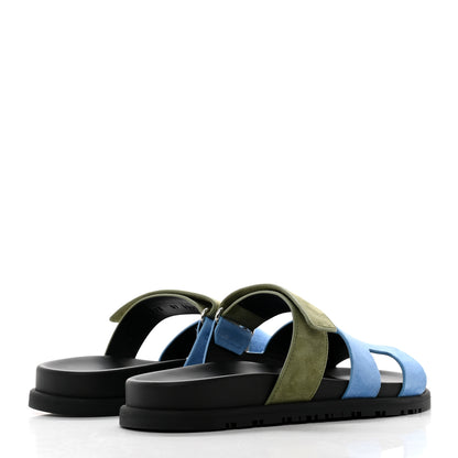 Hermes Suede Goatskin Womens Chypre Sandals 37 Bleu Cameo Vert 4 of 9