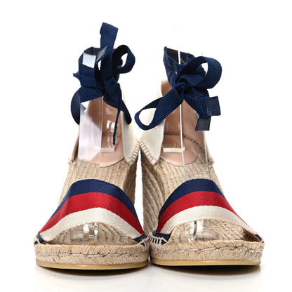 Gucci Canvas Sylvie Web Ankle Wrap Espadrille Wedge Sandals 40 Mystic White Hibiscus Red Maritime 2 of 8