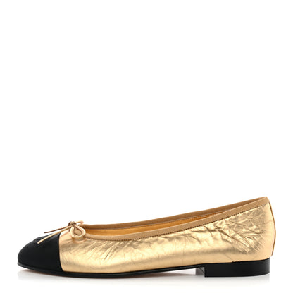 Chanel Metallic Laminated Lambskin Grosgrain CC Cap Toe Ballerina Flats 38 Dark Gold Black 1 of 11