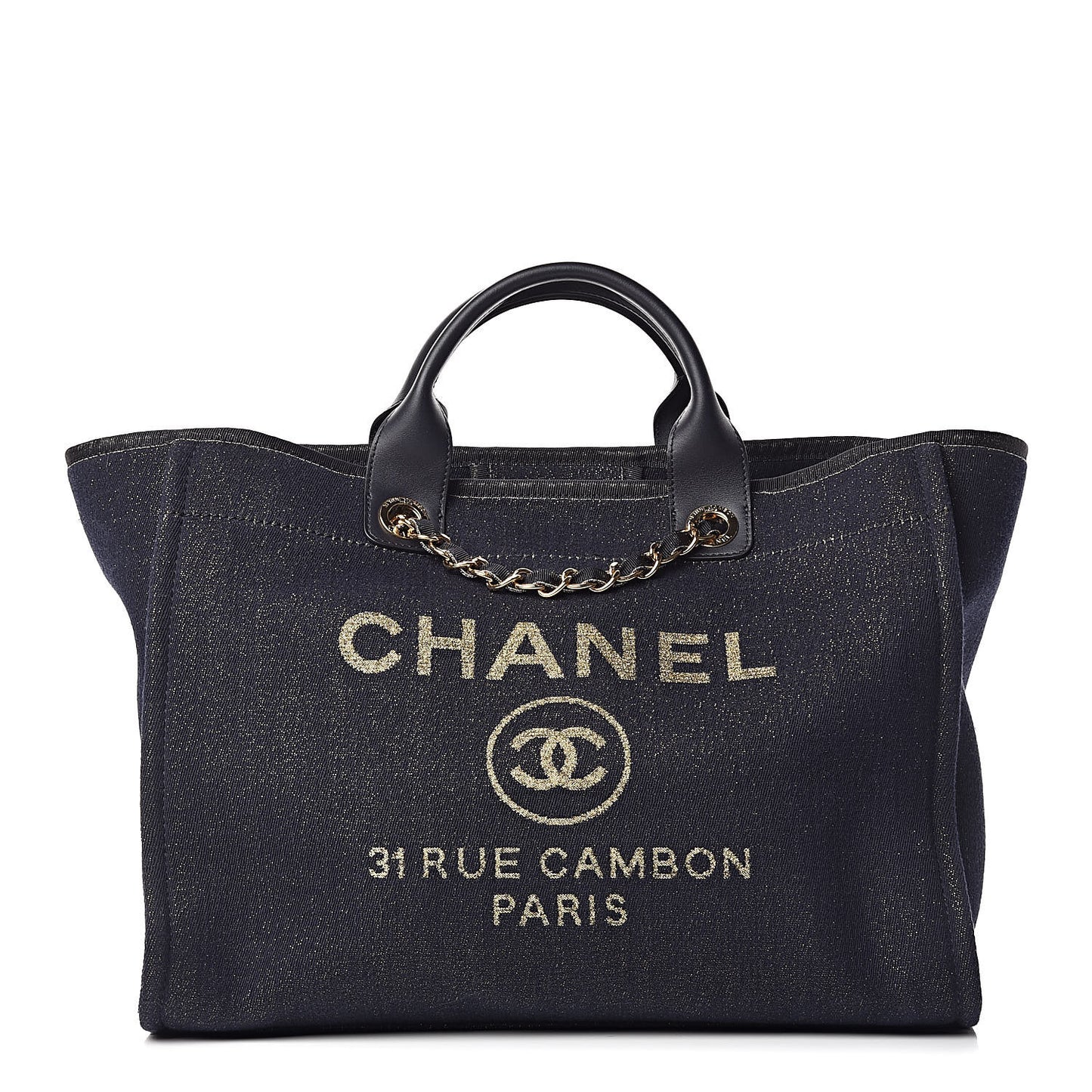 Lurex Canvas Medium Deauville Tote Navy Blue Gold