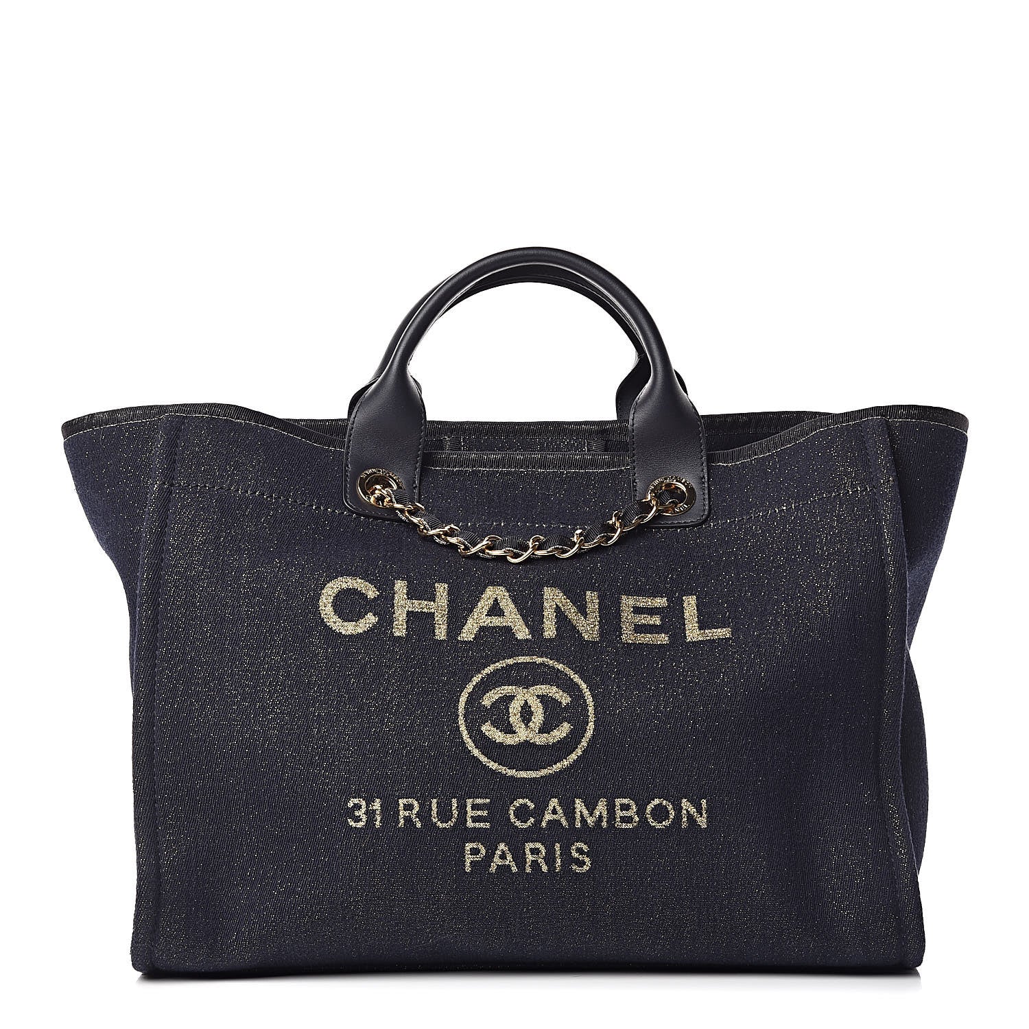 Chanel Lurex Canvas Medium Deauville Tote Navy Blue Gold 1 of 10