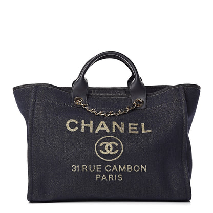 Chanel Lurex Canvas Medium Deauville Tote Navy Blue Gold 1 of 10