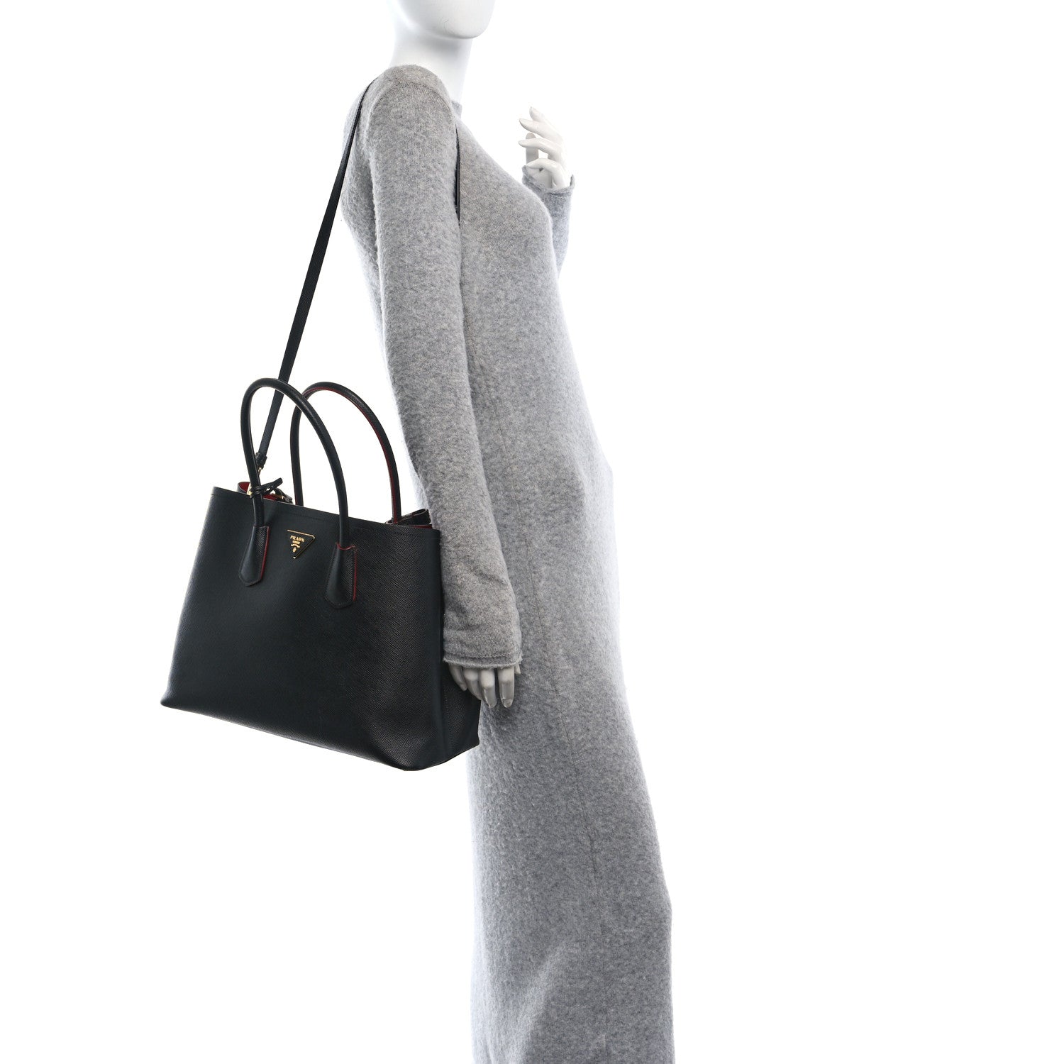 Prada Saffiano Cuir Large Double Bag Black Fuoco 2 of 11