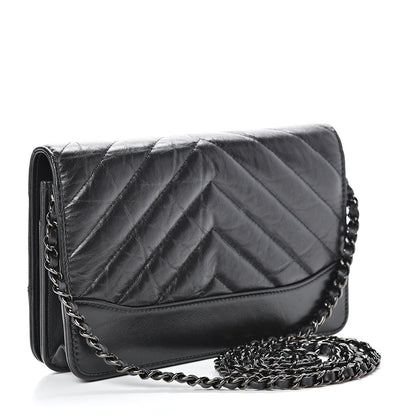 Chanel Aged Calfskin Chevron Quilted Gabrielle Wallet On Chain WOC Black 2 of 16