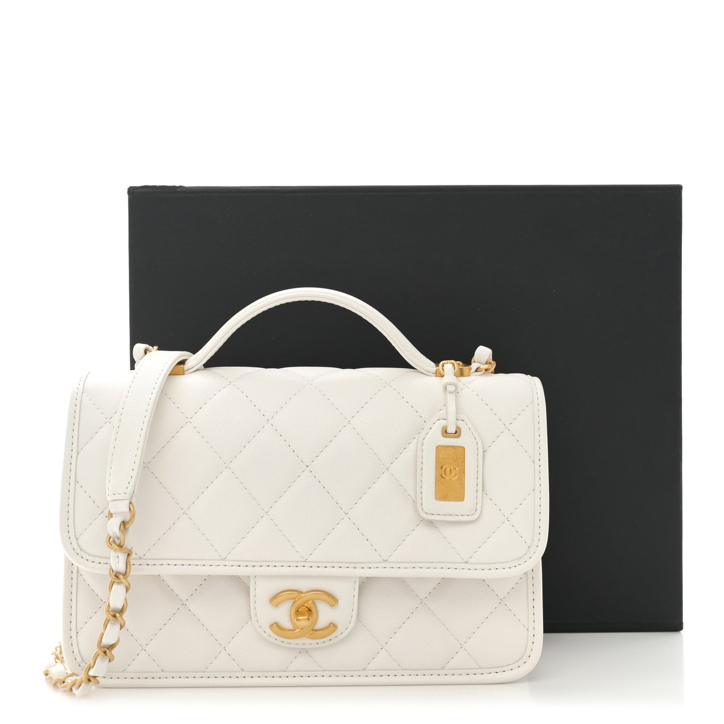 Caviar Quilted School Memory Small Top Handle Flap White