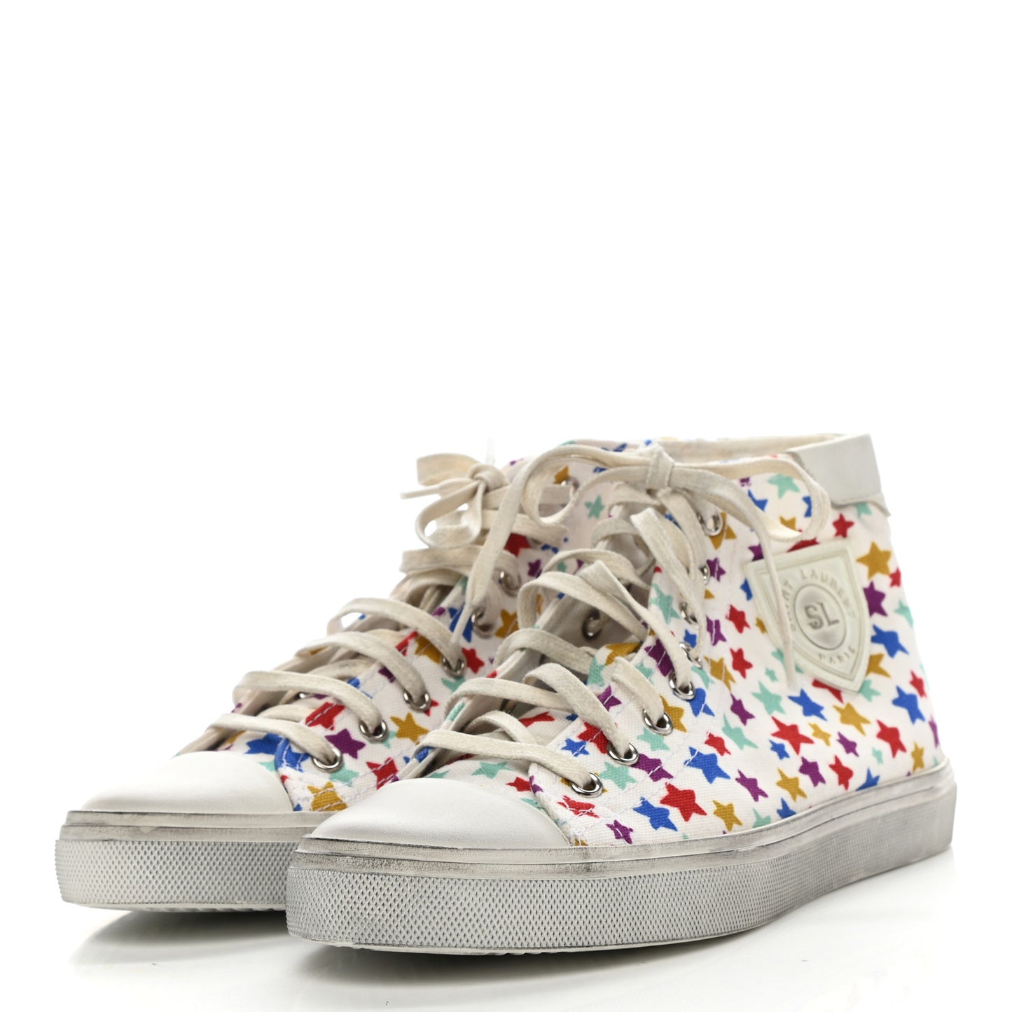 Distressed Canvas Fun-Star Print Bedford Hightop Sneakers 37.5 Cream
