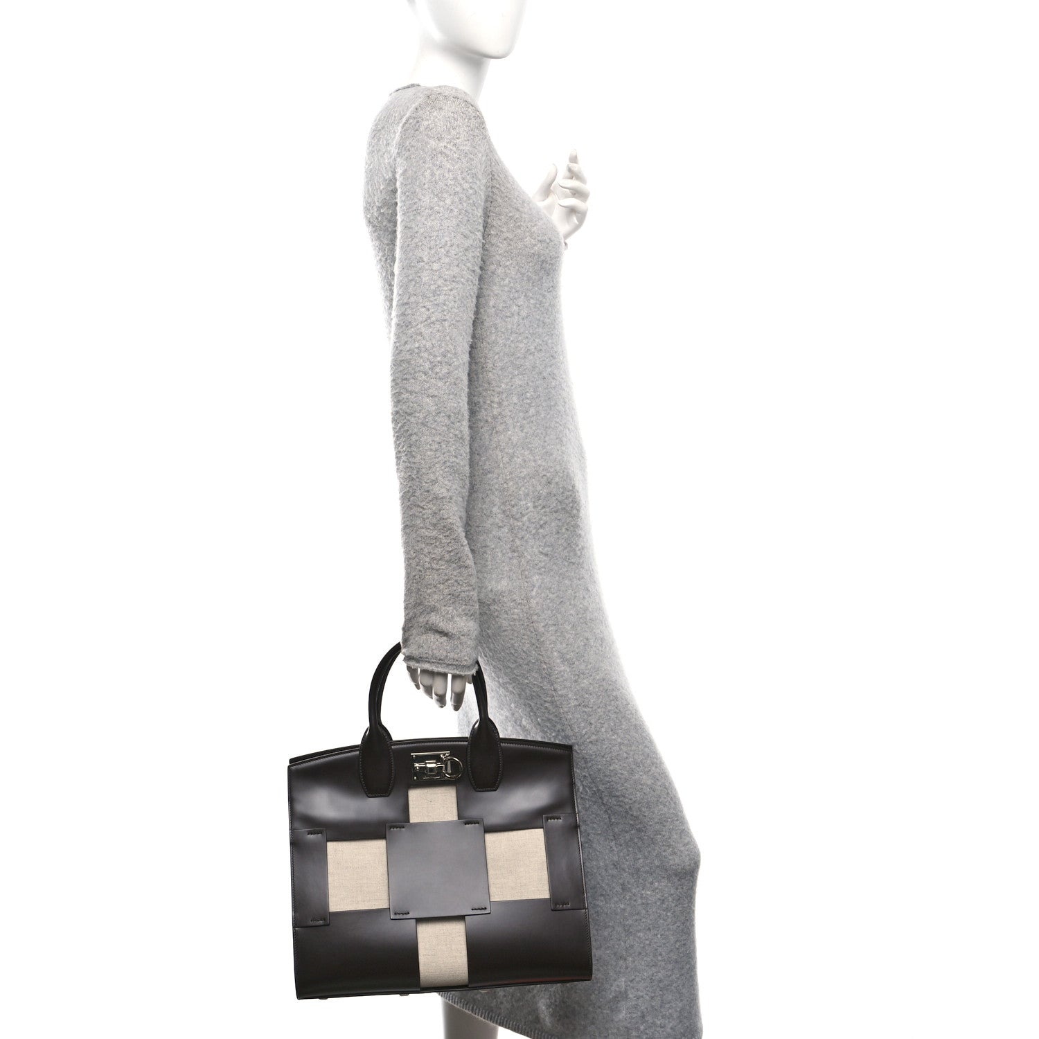 Salvatore Ferragamo Hickory Calfskin Canvas Cutout The Studio Box Bag Beige Brown 2 of 11
