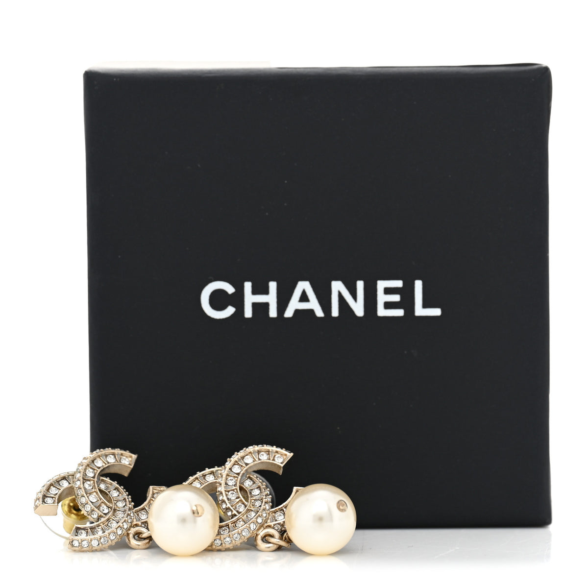 Chanel Crystal Timeless CC Pearl Drop Earrings Light Gold 5 of 5