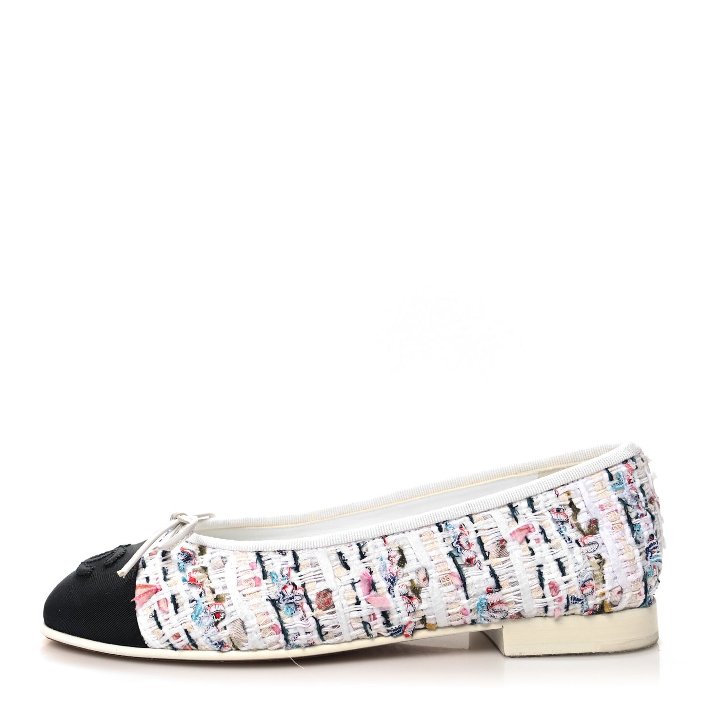 Tweed Grosgrain Cap Toe Ballerina Flats 35.5 White Black Pink
