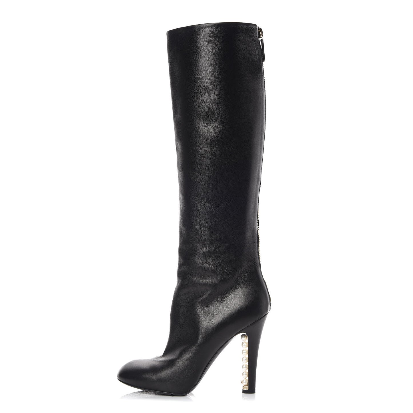 Calfskin Pearl Knee High Boots 38 Black