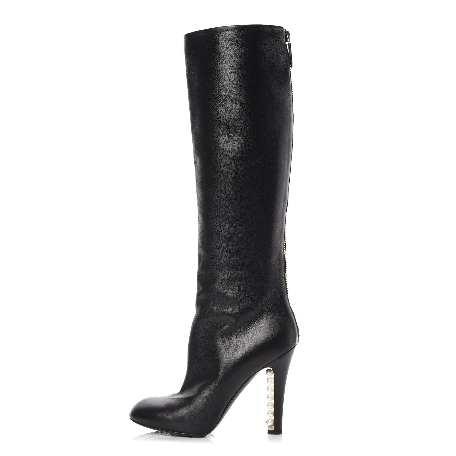 Chanel Calfskin Pearl Knee High Boots 38 Black 1 of 8