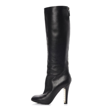 Chanel Calfskin Pearl Knee High Boots 38 Black 1 of 8