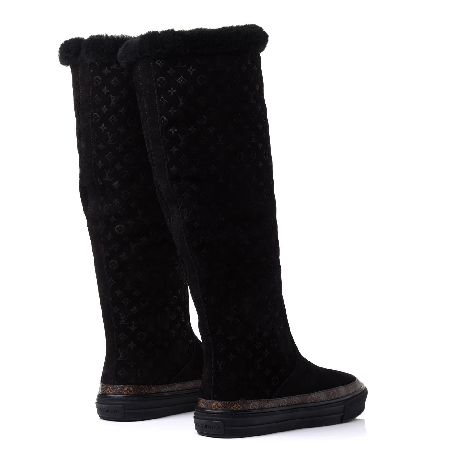 Louis Vuitton Suede Calfskin Monogram Embossed Snowball Flat Half Boots 35.5 Black 4 of 8