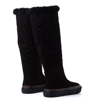 Louis Vuitton Suede Calfskin Monogram Embossed Snowball Flat Half Boots 35.5 Black 4 of 8