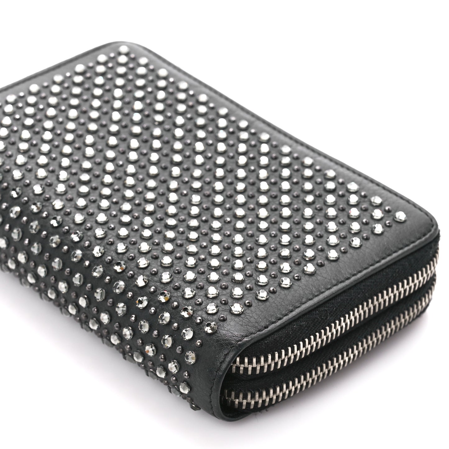 Lambskin Quilted Crystal Medium Gusset Double Zip Around Wallet Black