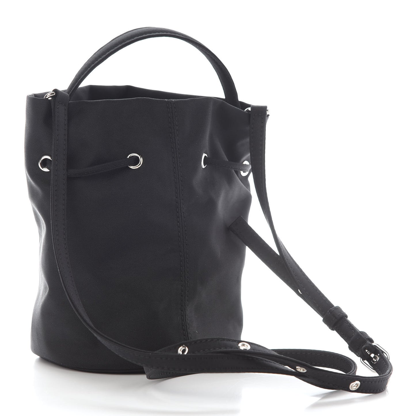 Recycled Sport Nylon Logo Embroidered Wheel Drawstring Bucket Bag Black