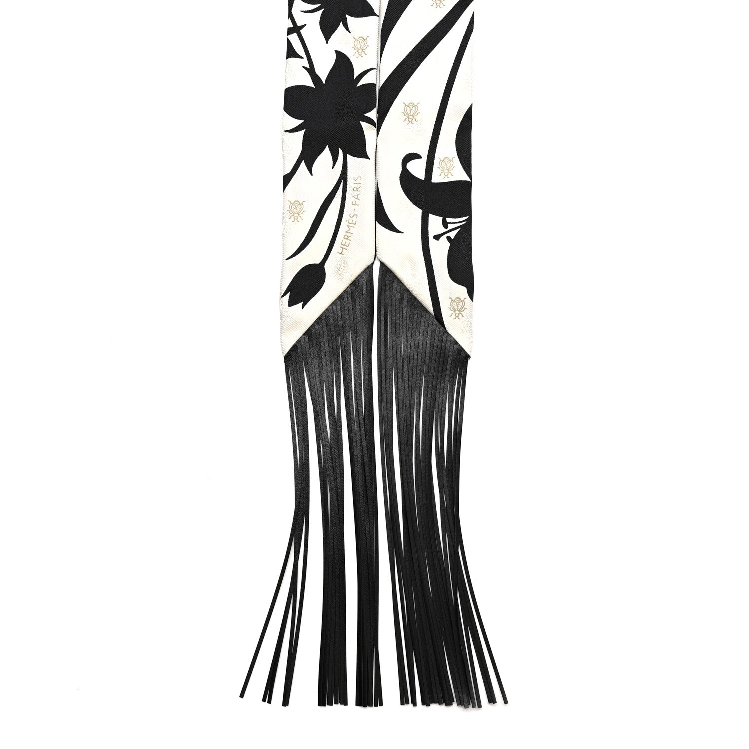 Hermes Silk Calfskin Bouquet Final Fringed Twilly Creme Black 2 of 4