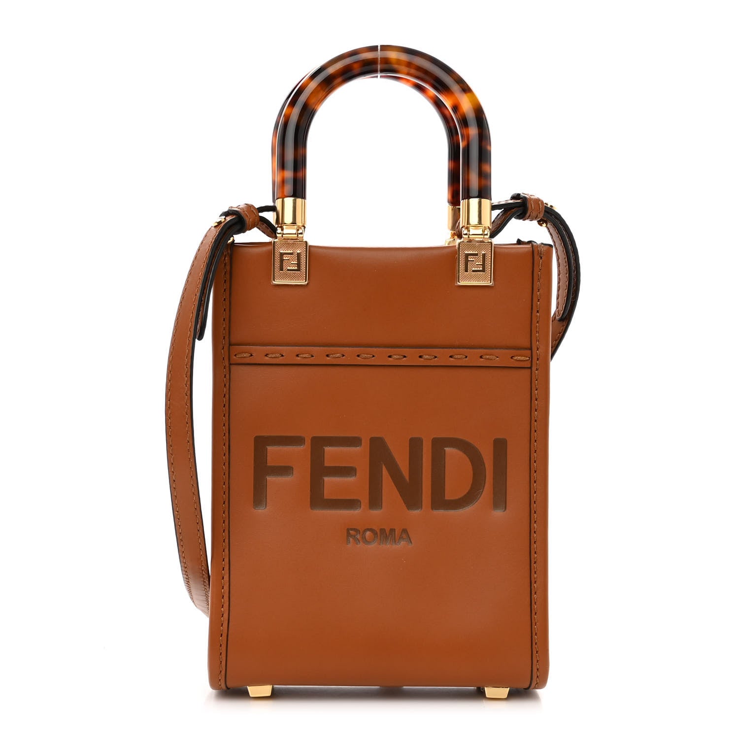 Fendi Vitello King Plexiglass Logo Embossed Mini Fendi Sunshine Shopper Tote Cuoio 1 of 10