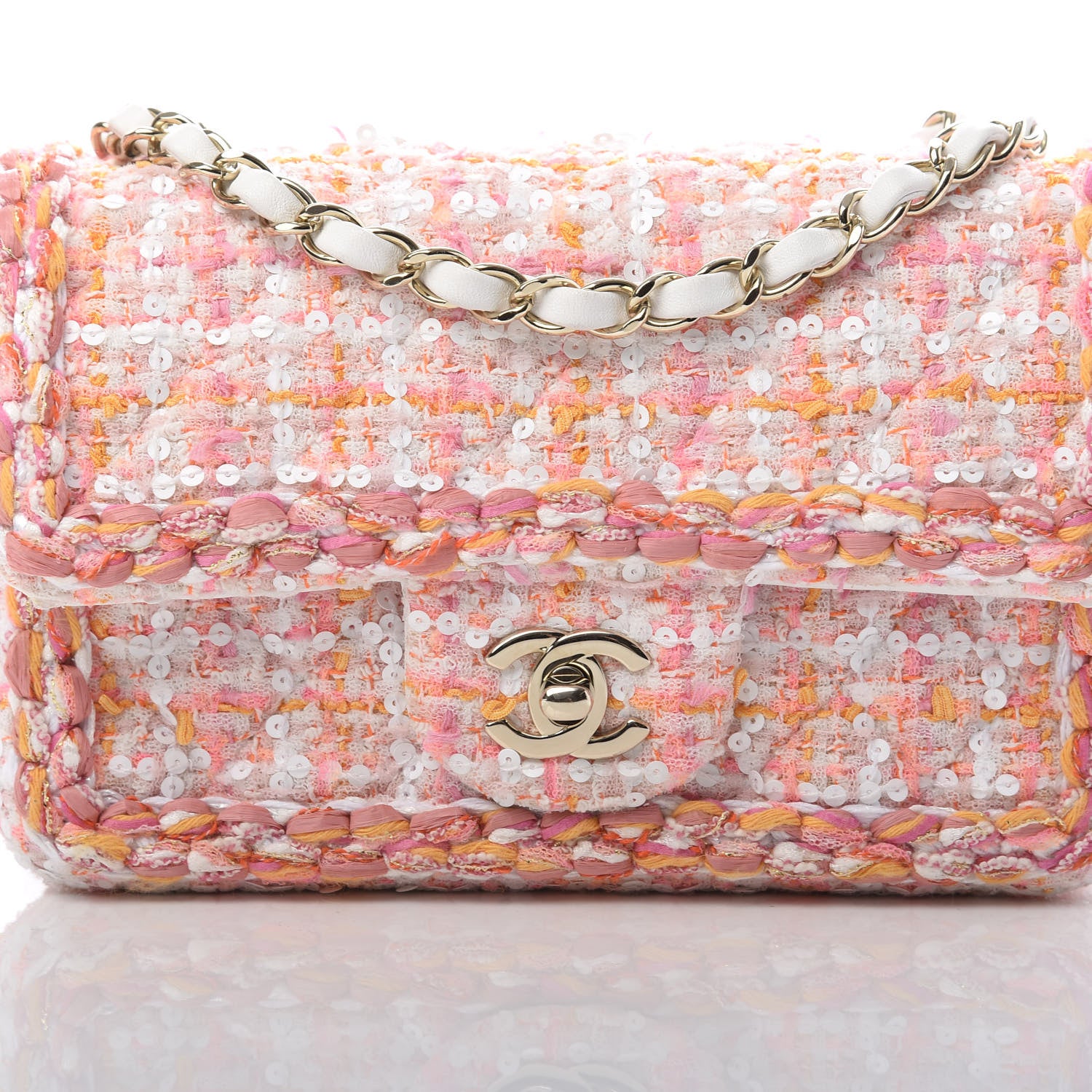 Chanel Tweed Braid Sequin Mini Flap White Pink Orange 8 of 10