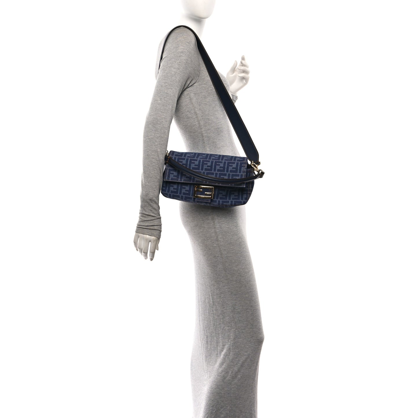 Denim FF Embroidered Reversible Baguette Blue