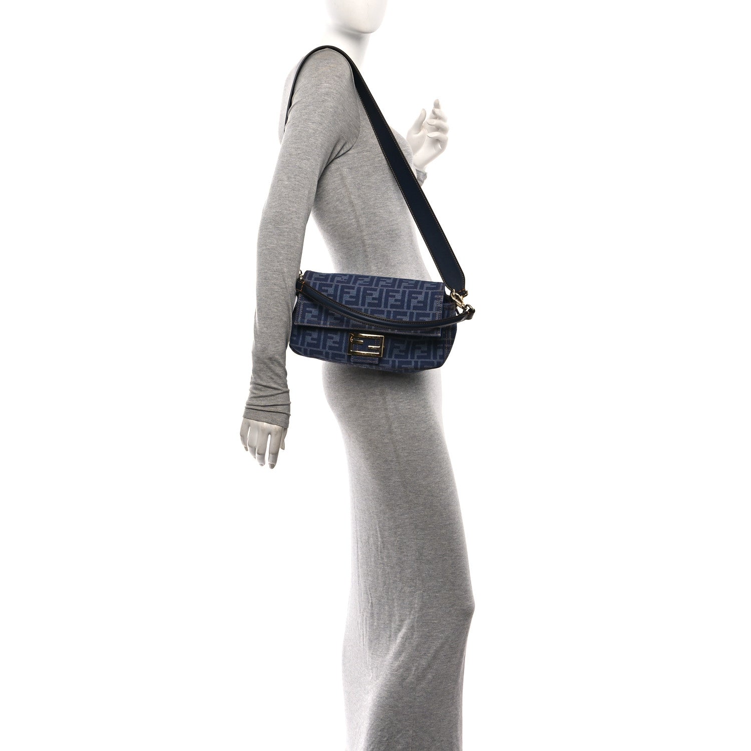 Fendi Denim FF Embroidered Reversible Baguette Blue 2 of 9