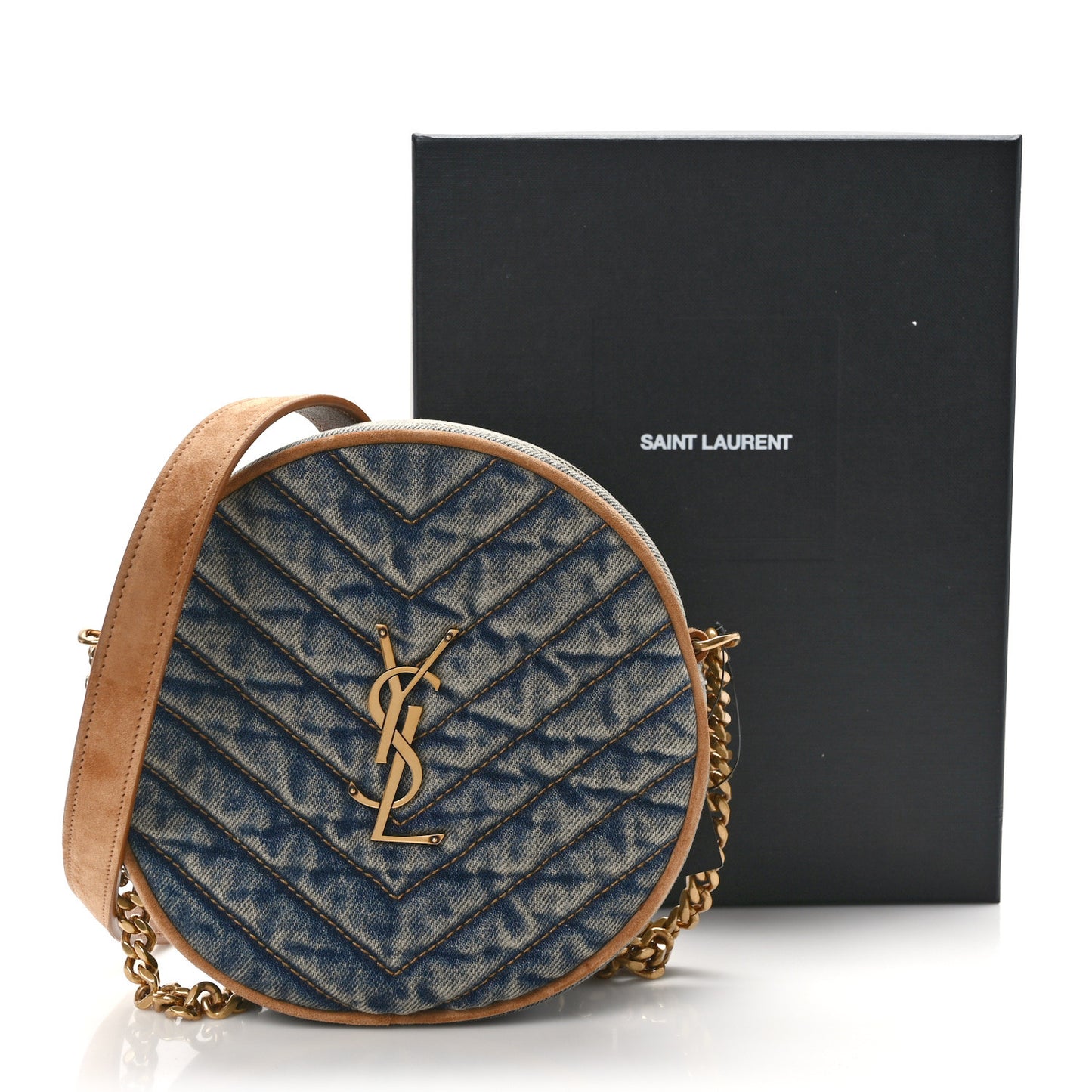 Denim Matelasse Chevron Quilted Round Vinyle Camera Bag Rodeo Blue Cinnamon