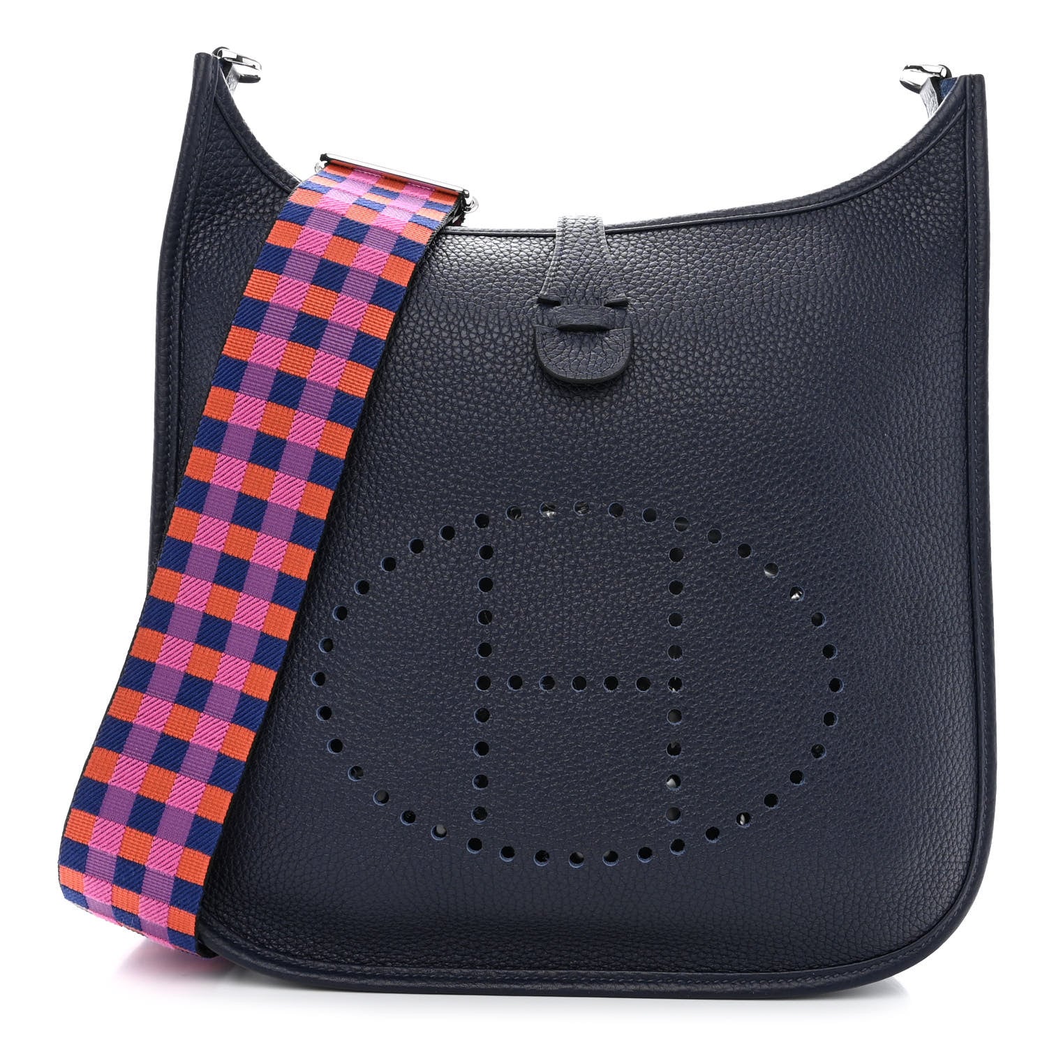 Hermes Taurillon Clemence Quadrille Evelyne III PM Bleu Nuit Bleu Saphir Anemone Capucine 1 of 11