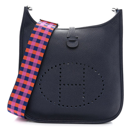Hermes Taurillon Clemence Quadrille Evelyne III PM Bleu Nuit Bleu Saphir Anemone Capucine 1 of 11