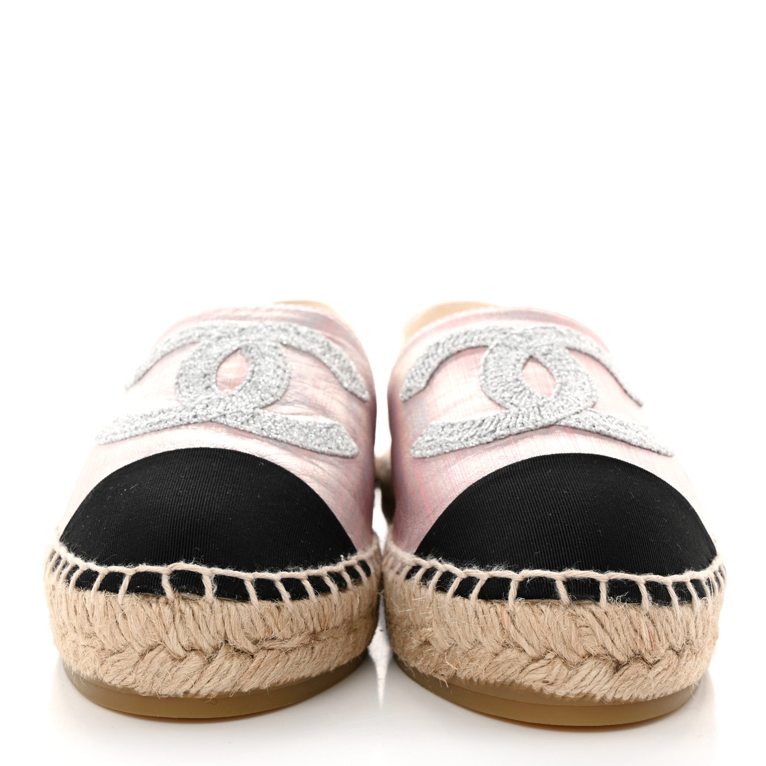 Chanel Laminated Lambskin Grosgrain Embroidered CC Espadrilles 39 Pink Silver Black 2 of 8