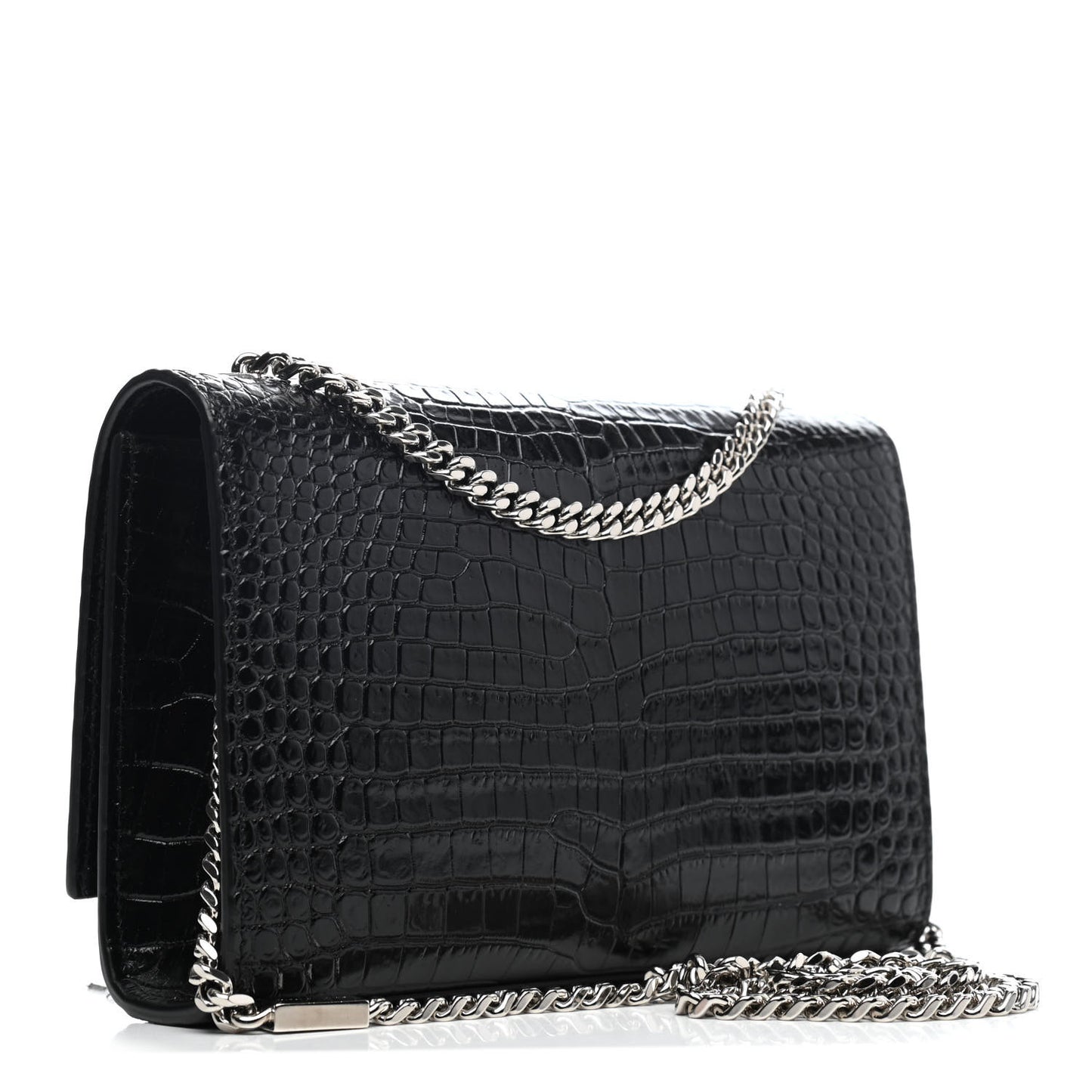 Calfskin Crocodile Embossed Small Classic Monogram Kate Tassel Satchel Black