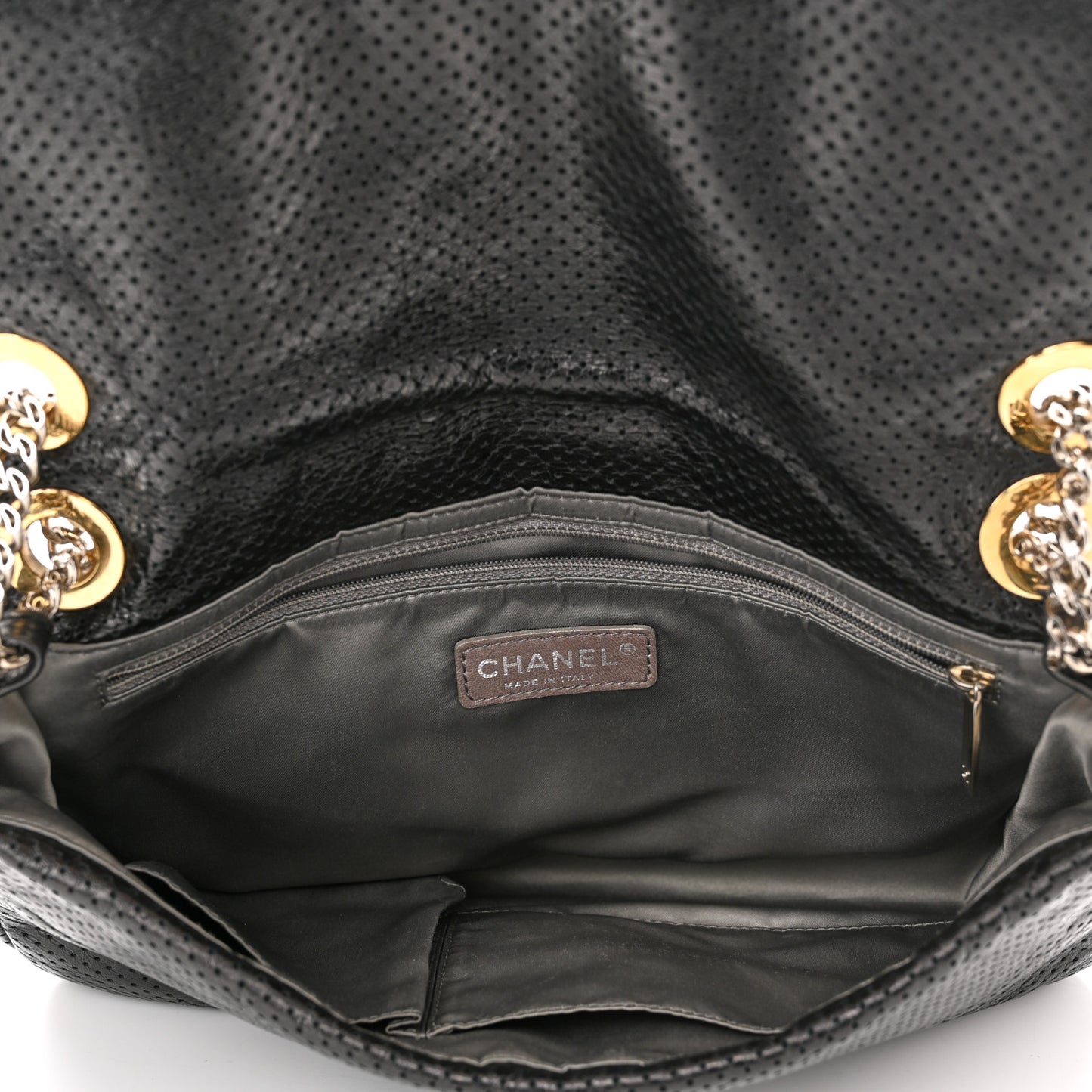 Metallic Crackled Calfskin Large Perforated Drill Flap Black