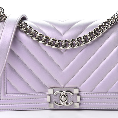 Chanel Metallic Lambskin Chevron Quilted Medium Boy Flap Pink 11 of 12