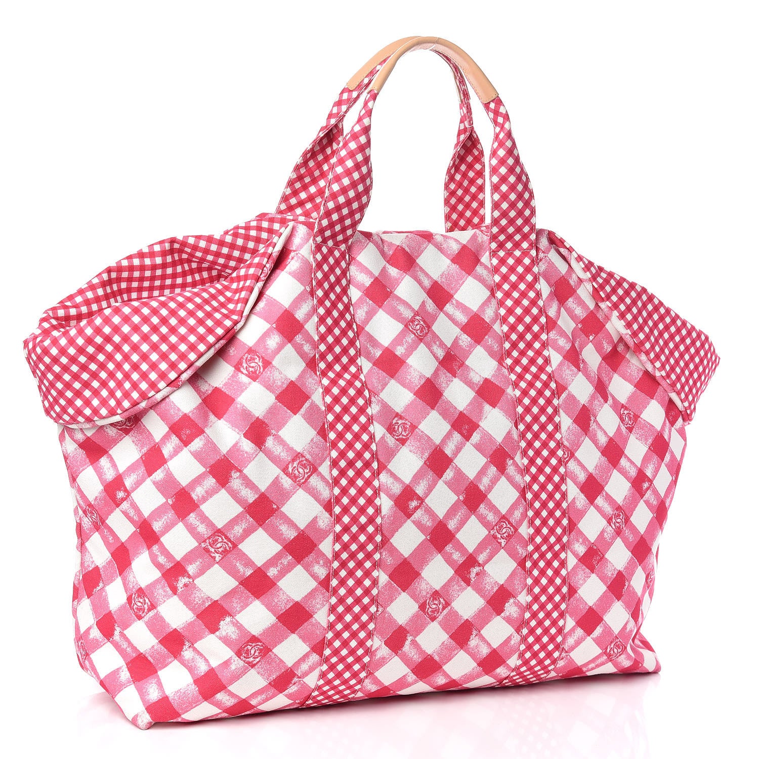 Chanel Canvas Gingham Printed CC Tote Pink White 3 of 9