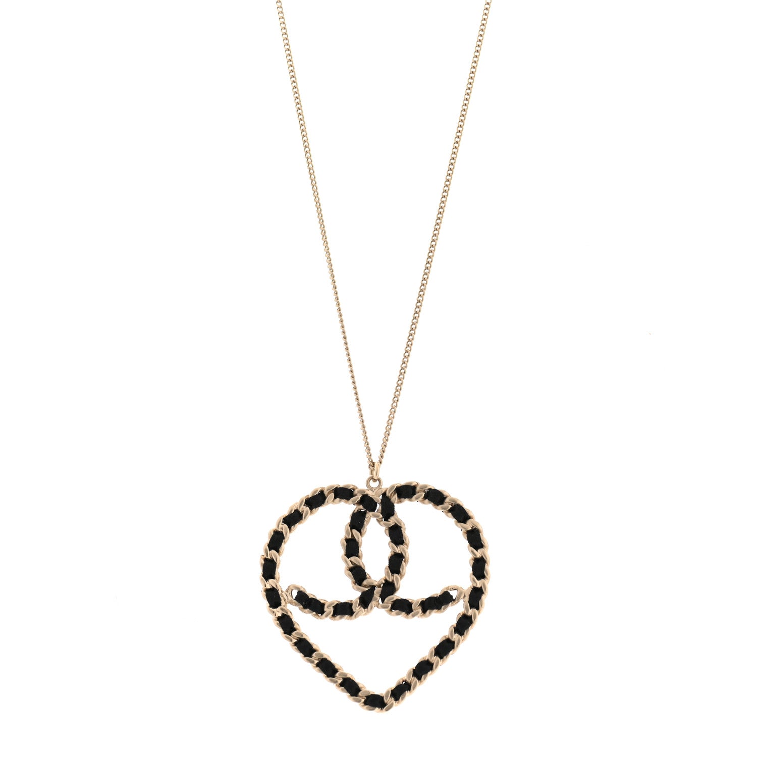 Chanel Satin CC Heart Chain Necklace Black Light Gold 1 of 5