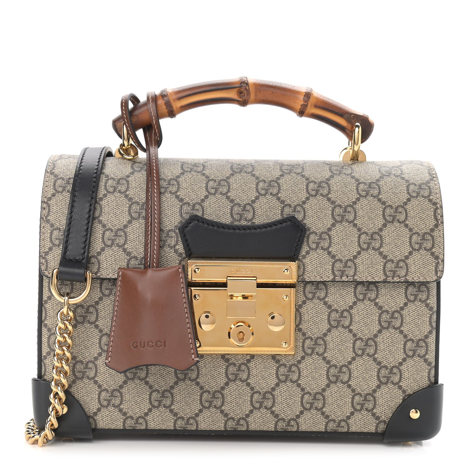 Gucci GG Supreme Monogram Small Padlock Bamboo Shoulder Bag Beige Black Cuir 1 of 11